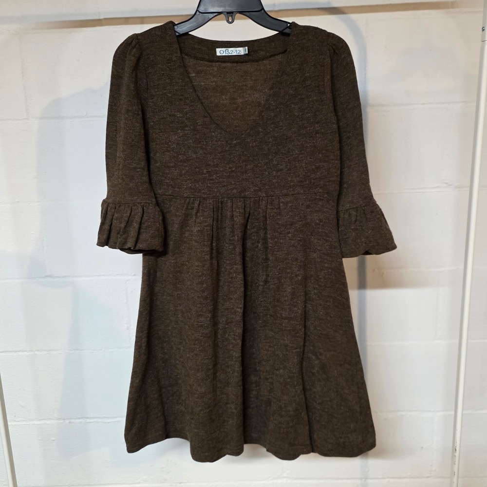 Vintage Y2K OB2-12 Women M Brown Empire Waist Mini Dress V-Neck Ruffle Cuff Knit